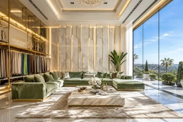 High-end design showroom with gold-paneled walls and matching hanging fabric displays