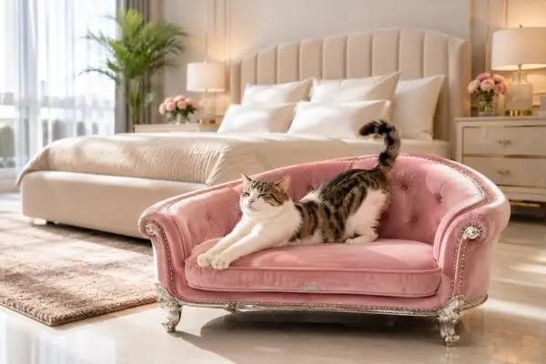 Cozy pink velvet pet lounging seat for bedrooms