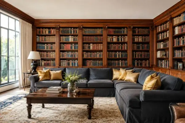 A bright royal classic living room and library featuring a large charcoal gray fabric slipcovered sectional sofa with gold cushions against warm golden oak bookshelves