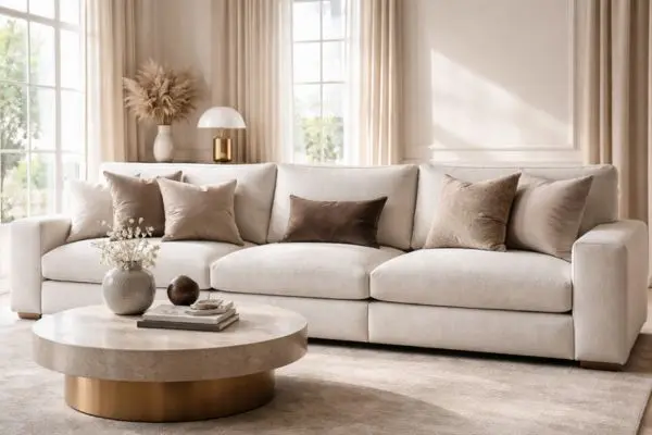 Professional interior setup showing a balanced neutral-toned furniture arrangement.