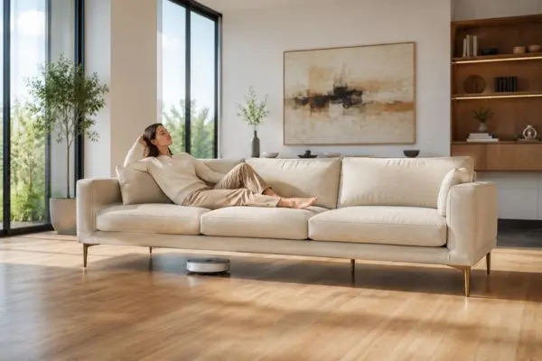 Luxury beige sofa with high clearance showing a robot vacuum cleaning the floor underneath.