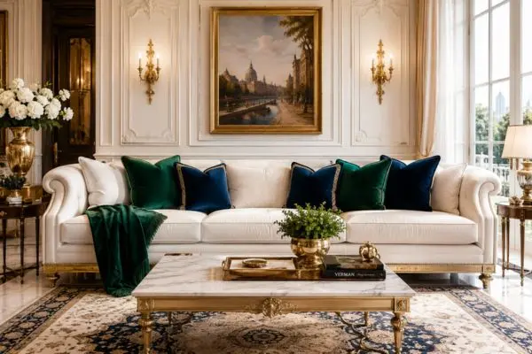 Classic luxury white sofa styled with emerald green and sapphire blue velvet cushions.
