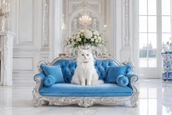 "Front view of luxury sky blue and silver cat sofa in a bright palace"