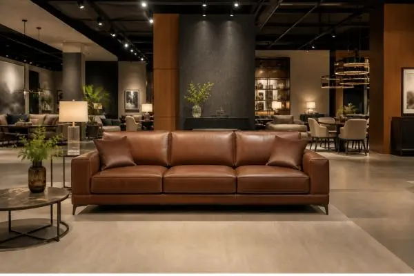 High-end leather couch display in a professional furniture showroom