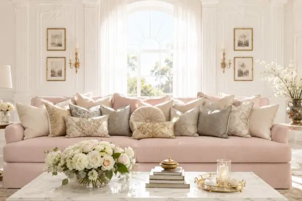 A bright luxury classic living room featuring a blush pink upholstered couch overcrowded with too many decorative gold and cream cushions illustrating common styling mistakes.