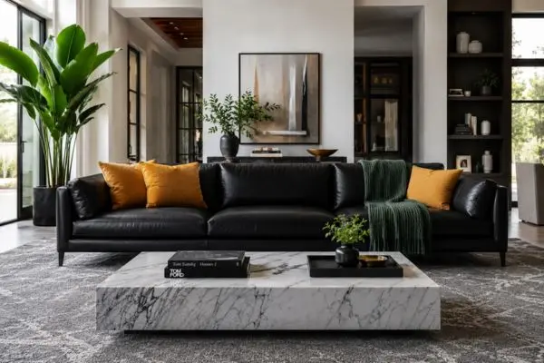 Full wide shot of a styled black leather sofa with rug, plants, and cushions