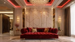 Luxury crimson red velvet daybed sofa in a modern 2026 living room interior design