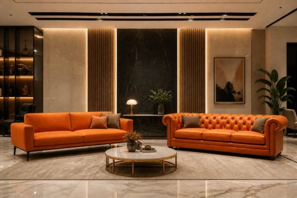 Comparison of modern minimalist and traditional tufted seating designs in a luxury showroom.