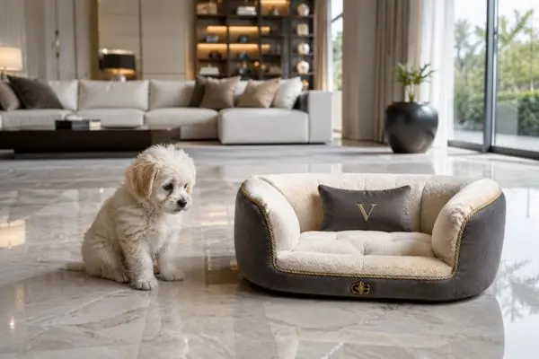 Confused cute puppy sitting next to a luxury pet couch on marble floor