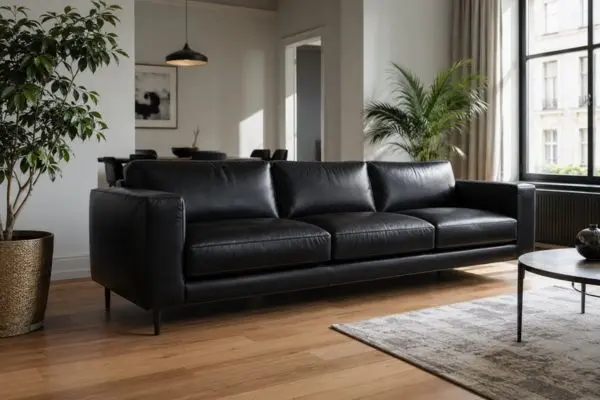 Modern living room interior with a premium dark seating arrangement and indoor plants