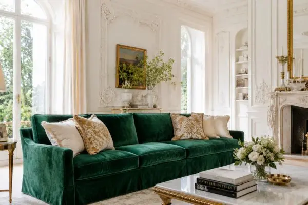 A bright luxury classic living room with ornate white wall moldings featuring a premium emerald green velvet couch with cream and gold cushions