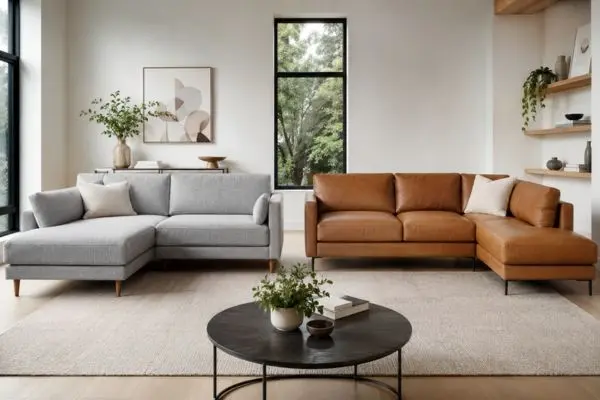 Side by side comparison of fabric and leather upholstery