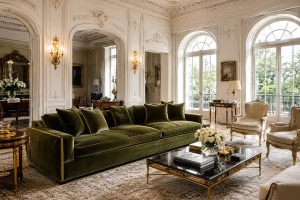 A flawless and clean deep green seating arrangement in a bright luxury classic living room with detailed white-and-gold walls.
