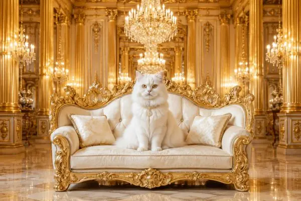 Royal gold and cream luxury cat sofa in a golden palace"
