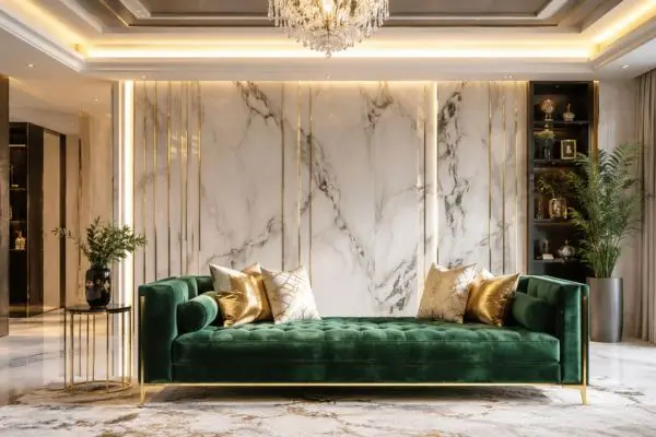 Emerald green velvet daybed sofa with gold cushions