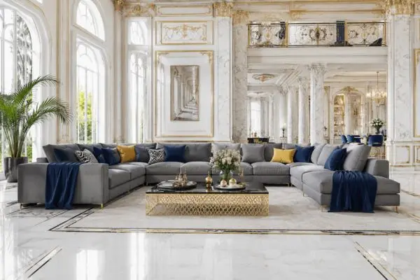 Navy blue and gold interior accents in a royal mansion living room