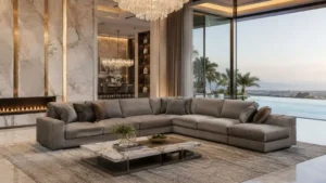 Modern grey sectional sofa in a luxury living room.