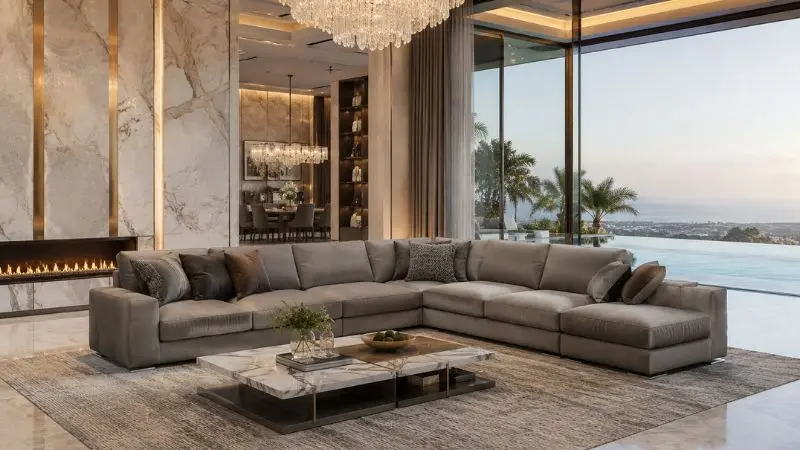Modern grey sectional sofa in a luxury living room.