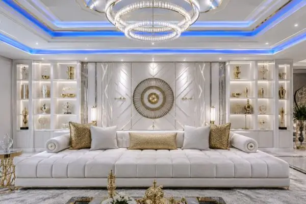Luxury white daybed sofa with gold cushions
