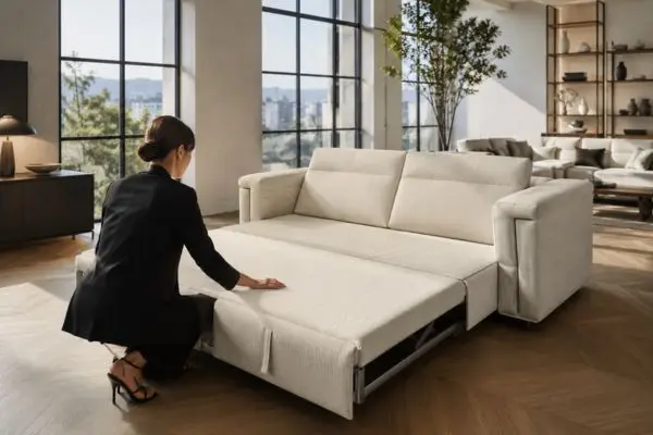 A woman testing the pull out mechanism of a luxury modern sofa cum bed in a showroom
