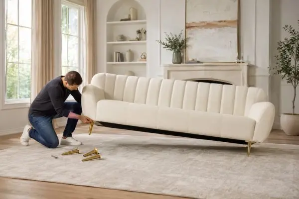 A man installing new gold legs on a full luxury cream sofa in a modern living room.