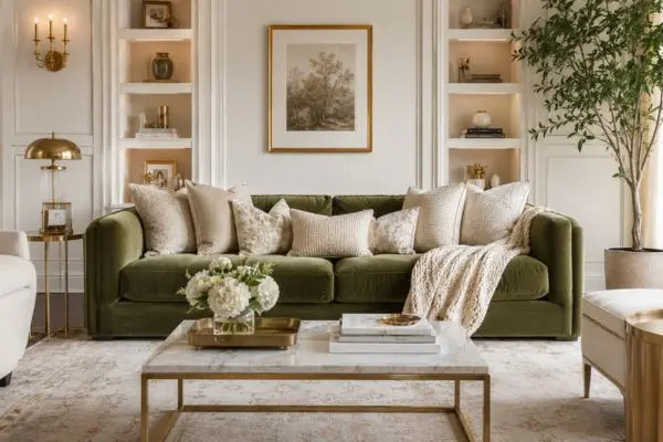 A professionally designed luxury living room arrangement with cream pillows, gold accents, and green indoor plants.