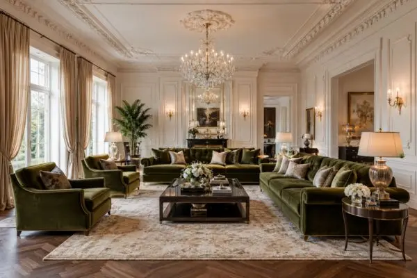 A bright luxury classic living room with large windows, glowing wall lighting, and a soft neutral textured rug anchoring deep green seating.