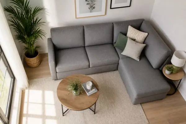 Top view of an L-shaped grey small sectional sofa in a compact room corner