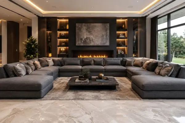 Complete view of a modern charcoal U-shaped large sectional sofa