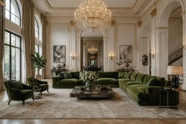 A grand luxury classic sitting room with towering white walls, a massive crystal chandelier, and deep green seating on an oversized rug.