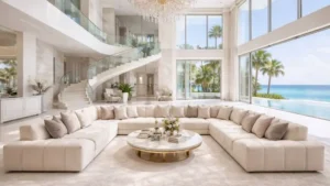 Large modular cream sofa in a luxury modern living room with ocean view