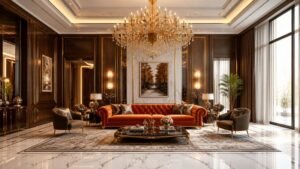 Luxurious orange velvet sofa in a modern high-end living room with a gold chandelier.