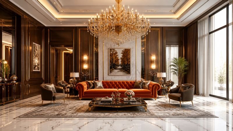 Luxurious orange velvet sofa in a modern high-end living room with a gold chandelier.