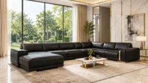 Modern luxury black leather sectional sofa in bright living room