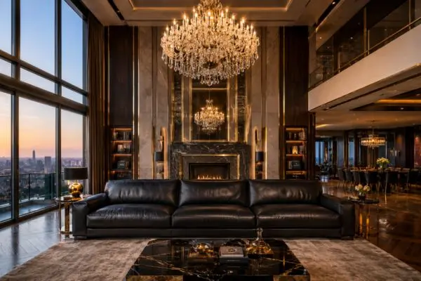 Ultra-luxury black leather sofa in a penthouse with a crystal chandelier