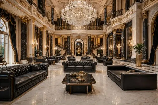 Grand mansion hall featuring high-end seating styles and a massive crystal chandelier