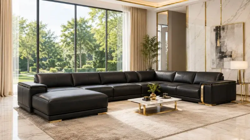 Modern luxury black leather sectional sofa in bright living room