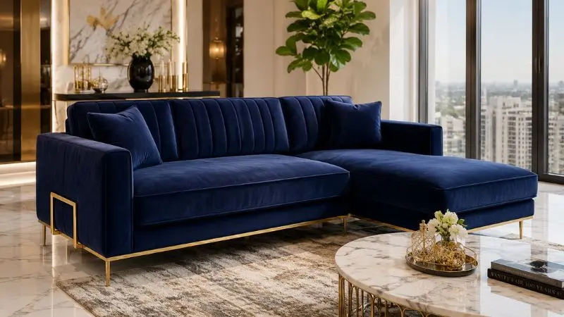 Luxury navy blue sectional sofa with gold legs in modern living room
