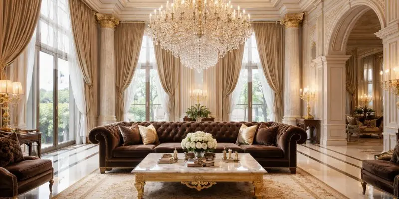 Luxury dark brown velvet chesterfield sofa in a grand living room