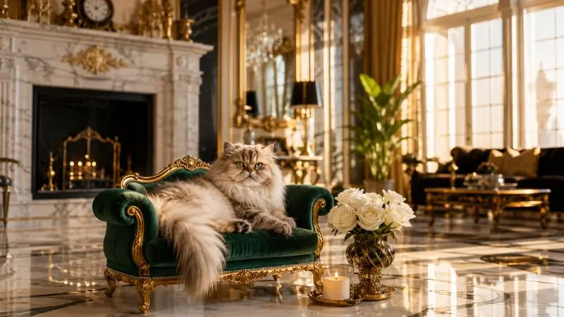 Luxury emerald green cat sofa in a royal living room
