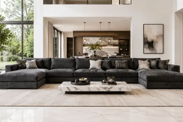 Modern charcoal grey large sectional sofa in a bright luxury living room