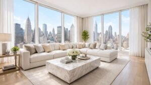 Modern luxury cream large sofa with a city view in a bright living room