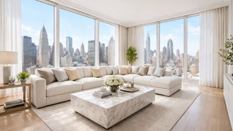 Modern luxury cream large sofa with a city view in a bright living room