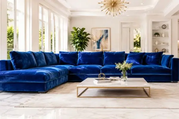 Luxury royal blue velvet large sofa in a bright modern interior