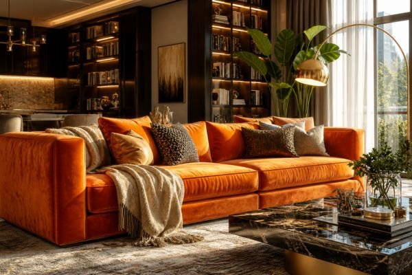 Modern living room interior with elegant bookshelves and high-end home decor.