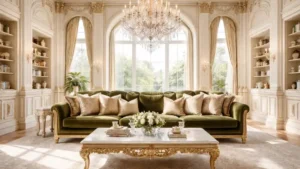 A luxury classic European living room featuring a complete olive green velvet sofa with gold decor and a large crystal chandelier.