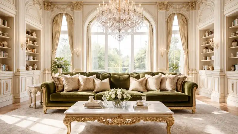 A luxury classic European living room featuring a complete olive green velvet sofa with gold decor and a large crystal chandelier.