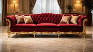 Luxury red velvet sofa with ornate gold legs on a marble floor in a grand living room.