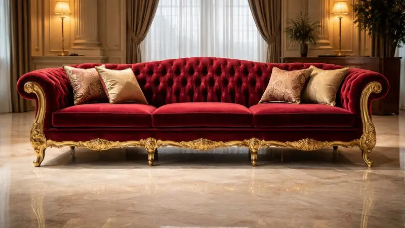 Luxury red velvet sofa with ornate gold legs on a marble floor in a grand living room.