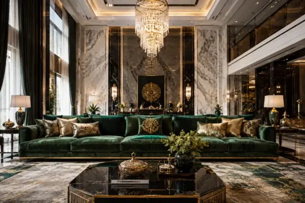 Grand emerald green seating arrangement in a luxurious living room with a crystal chandelier.